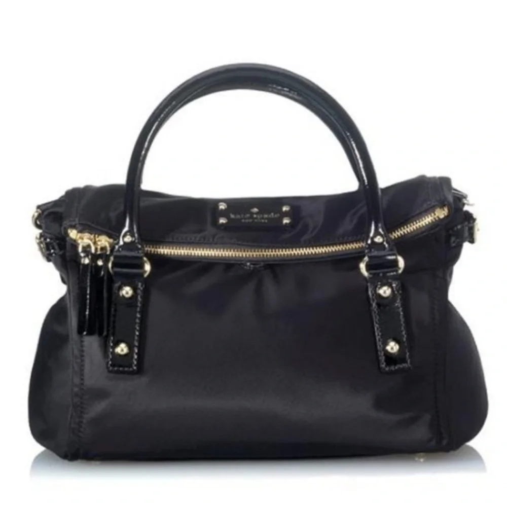 Kate Spade New York Fold Over Black Nylon with Black‎ Patent Leather Handles
